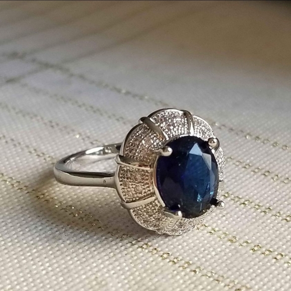 New 925 Silver Oval Cut Blue Sapphire Diamond Ring for Women - Picture 7 of 8